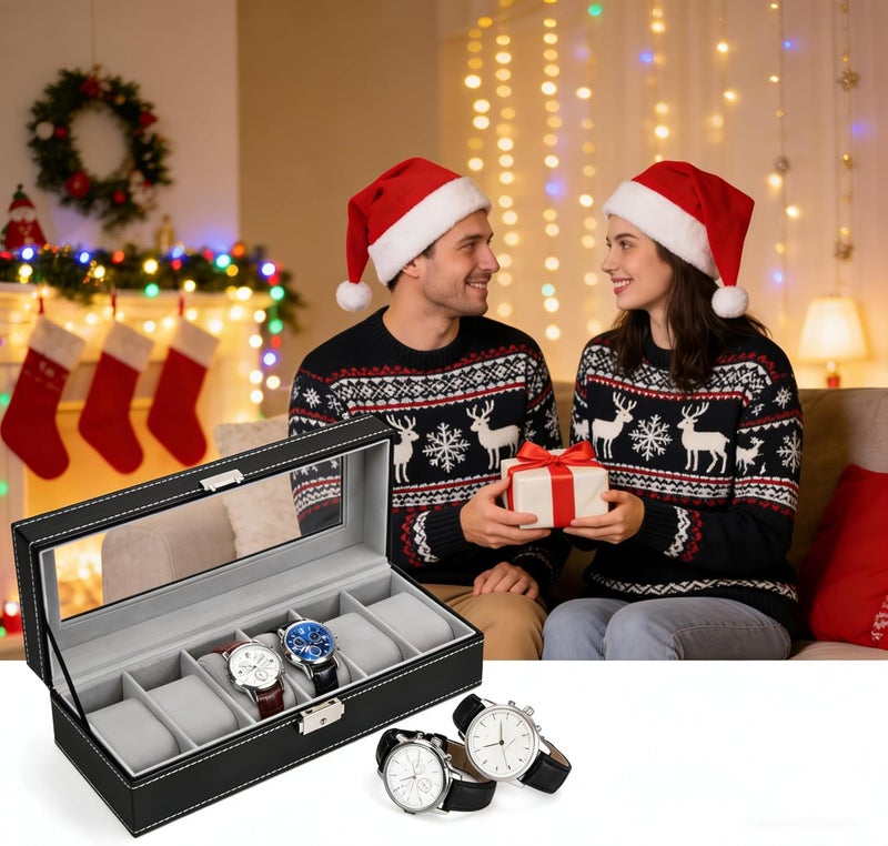 NEX 6 Slots Watch Box Organizer for Men, Black Watch Holder Stand Display Storage Case - Image 3